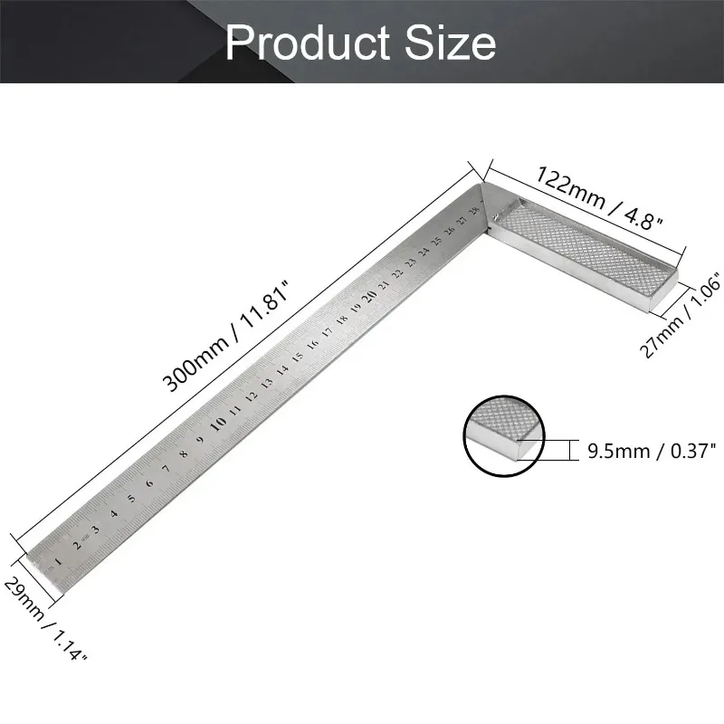 1Pcs 300mm Aluminum Handle with Stainless Steel Scale Right Measuring Angle Square Ruler