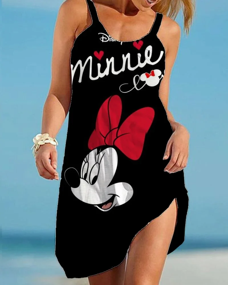 

Summer Disney Minnie Mickey Mouse Women Sexy Beach Dresses 3D Tie Dye Rainbow Suspenders Vintage Beachwear Fashion Party Dress