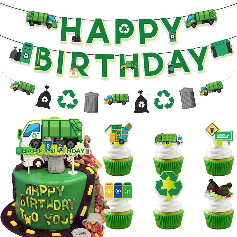 Garbage Truck Birthday Banner Cake Decoration Cupcake Topper Trash Truck Party Supplies Waste Management Recycling Decorations