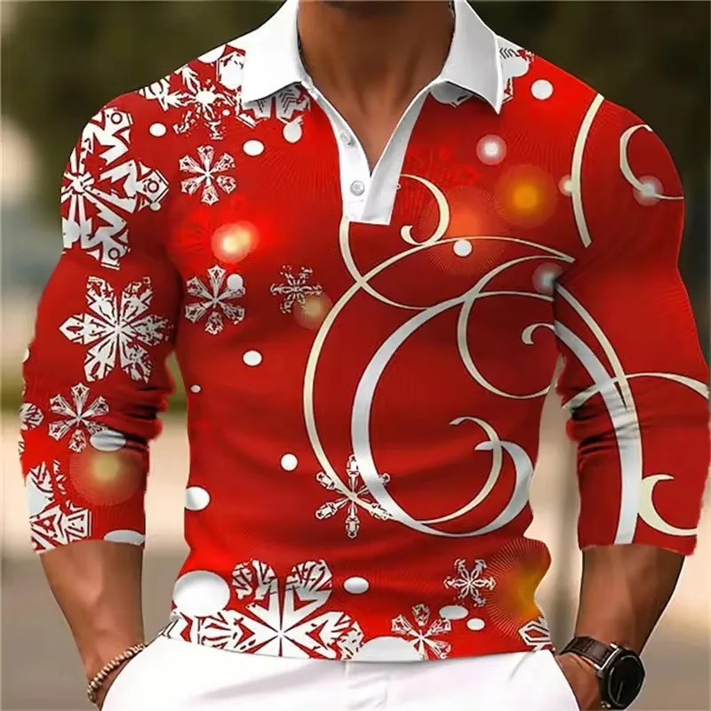 

Fashion Christmas Snowflake Pattern Men's Polos T-Shirts Autumn Winter Long Sleeve 3d Printed Christmas POLO Tee 6XL Plus Size