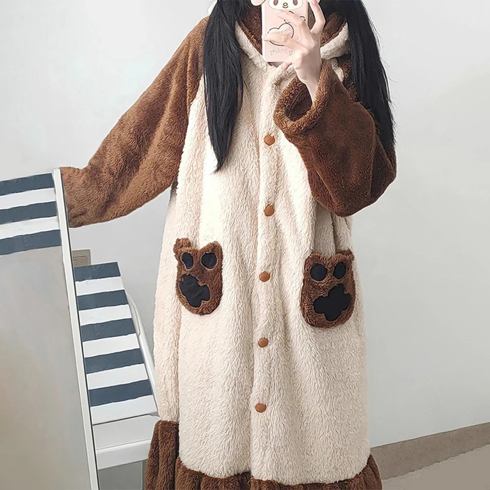 Women's Cartoon Pyjamas Set Nightdress Winter Cute Coral Fleece Sleeping Robe Thicken Warm Nightgown Homewear Set Sleepshirt