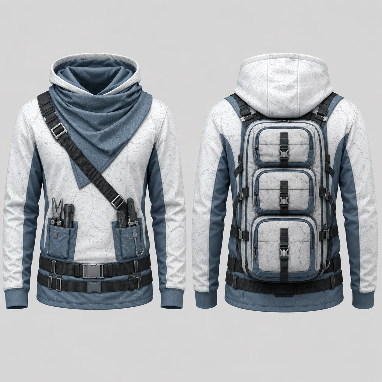 Tactical Explorer Hoodie Men White Gray Blue 3D Sublimation Flat Print Pullover Sweatshirt Outdoor Techwear