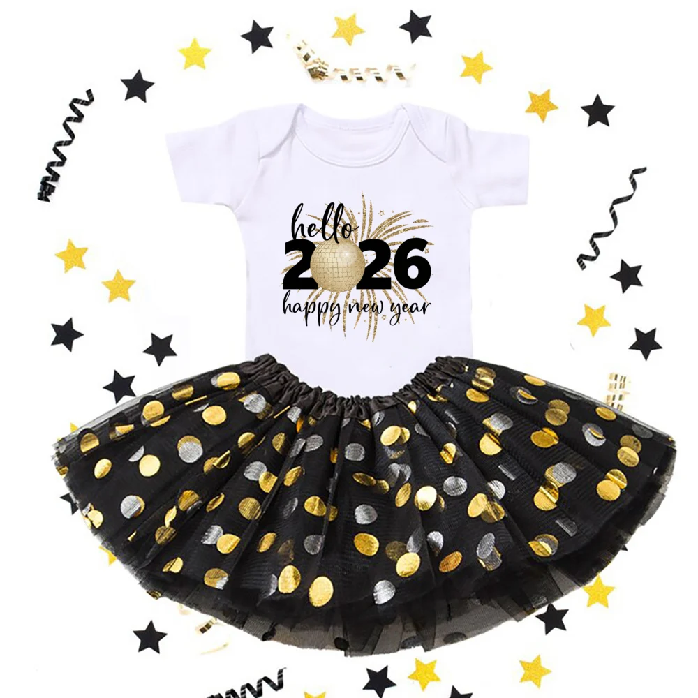 مرحبا 2026 طباعة 2 قطعة طفل الفتيات ارتداءها فستان مجموعة السنة الجديدة فتاة قصيرة الأكمام رومبير توتو تنورة فساتين الرضع مجموعة الزي