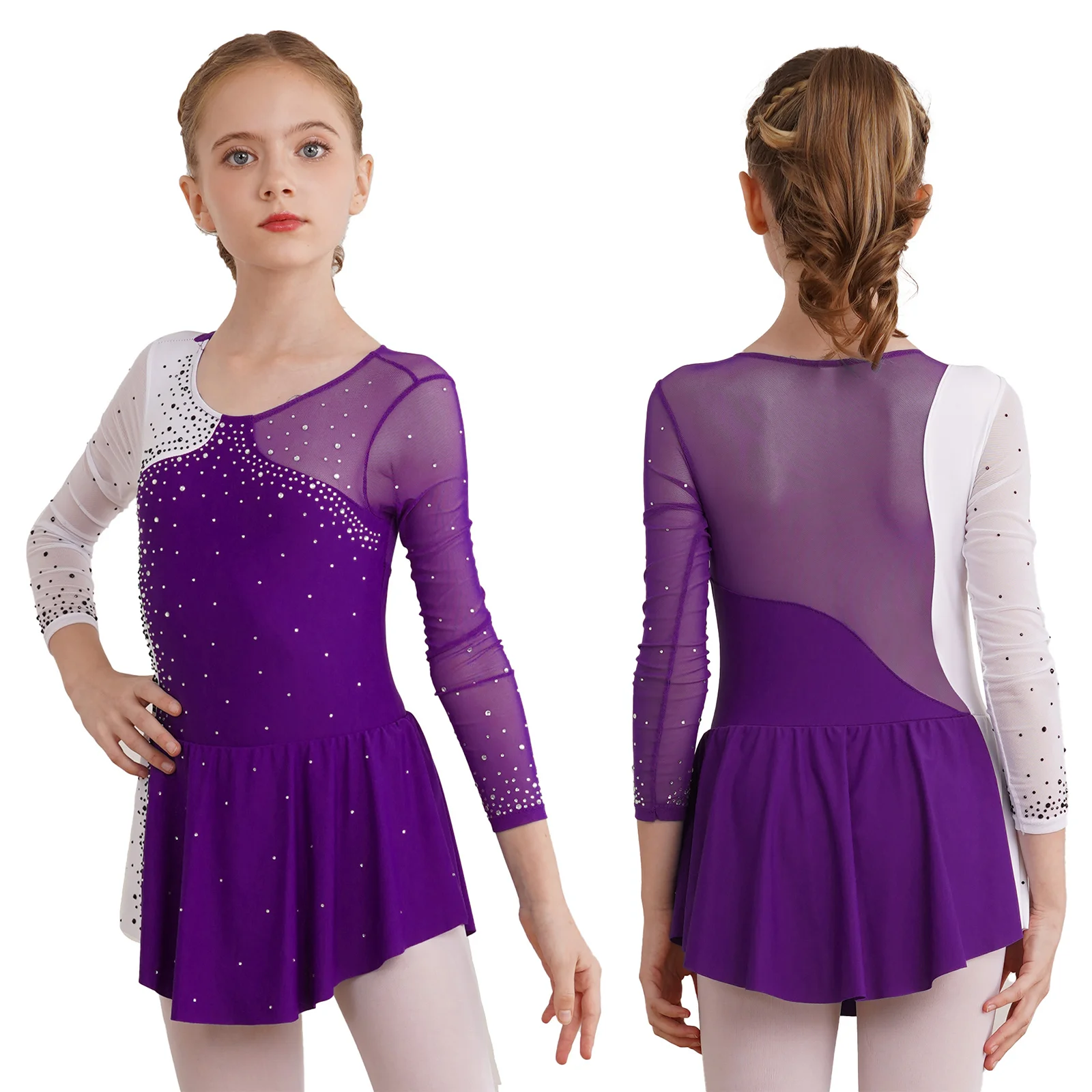 Kids Meisjes Lange Mouwen Figuur Schaatsen Jurk Shiny Rhinestone Sheer Mesh Tutu Ballet Gymnastiek Dance Turnpakje Jurk Dancewear