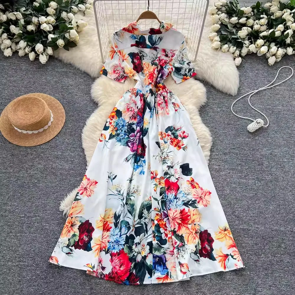 Summer Runway Holiday Flower Long Dresses Shirt Women's Turn Down Neck Short Sleeve Single Breasted Beach Party Vestidos