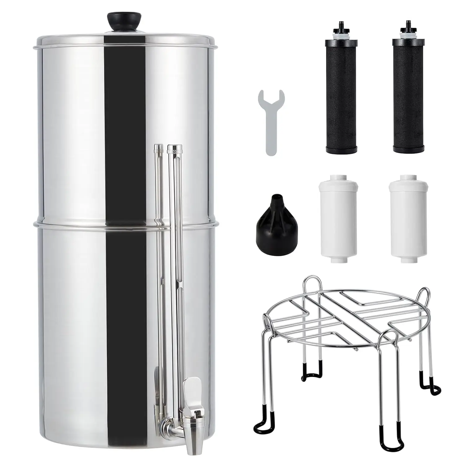 2.25G Stainless-Steel System with 4 Filters, Metal Water Level Spigot and Stand Reduces Lead and Chlorine, Complete System