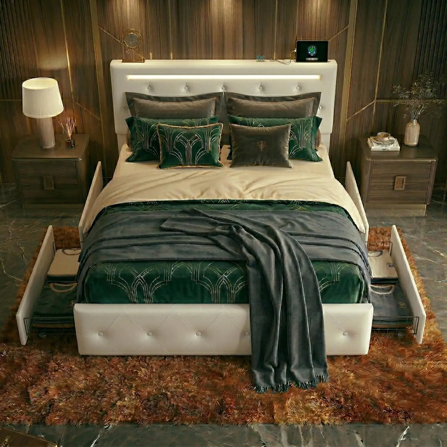 

Upholstered Leather Bed Frame - Full Size with Headboard, Adjustable Headboard, 4 Storage Drawers, 12 Metal Slats,, Customized