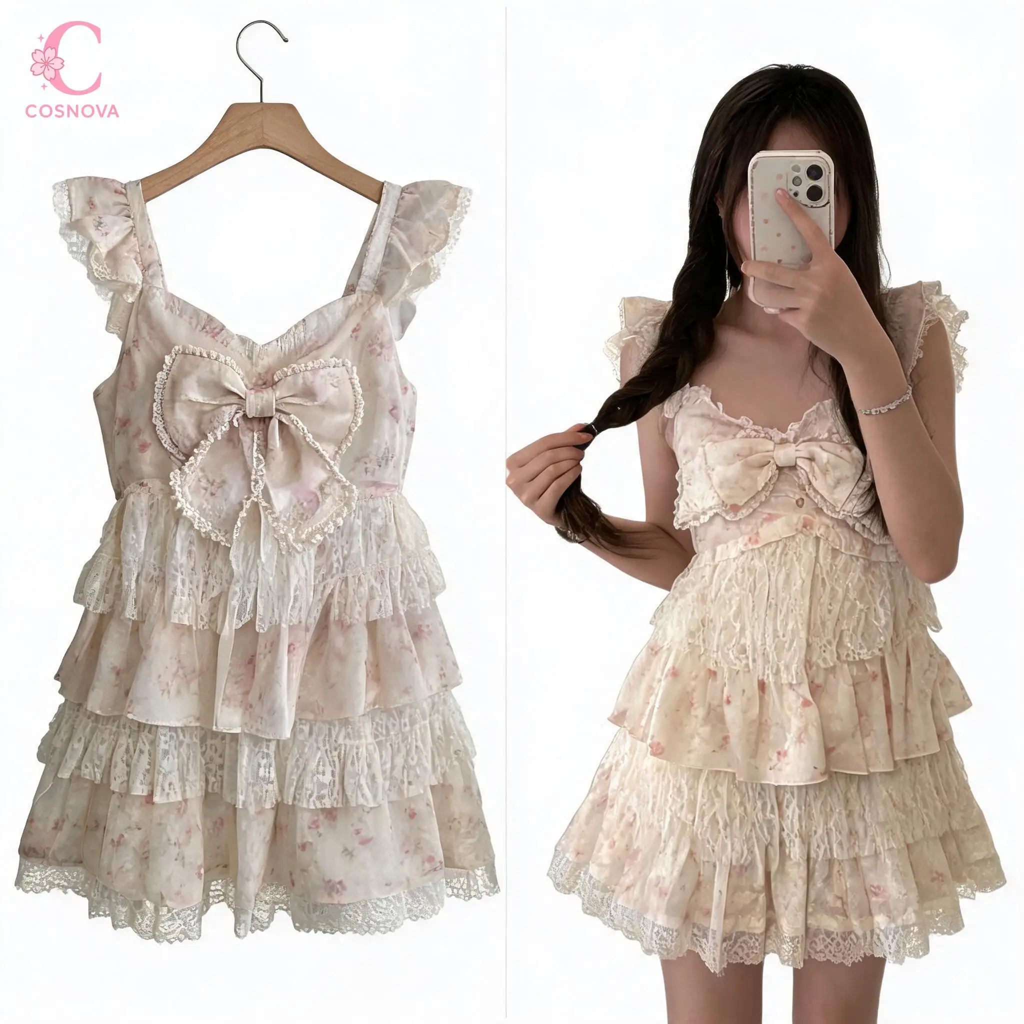 Summer Sweet Kawaii Flying Sleeve Lace Floral Dresses Women Bow Layered Cake Ruffle Dress Sweet Daily Casual Chic Female Wear