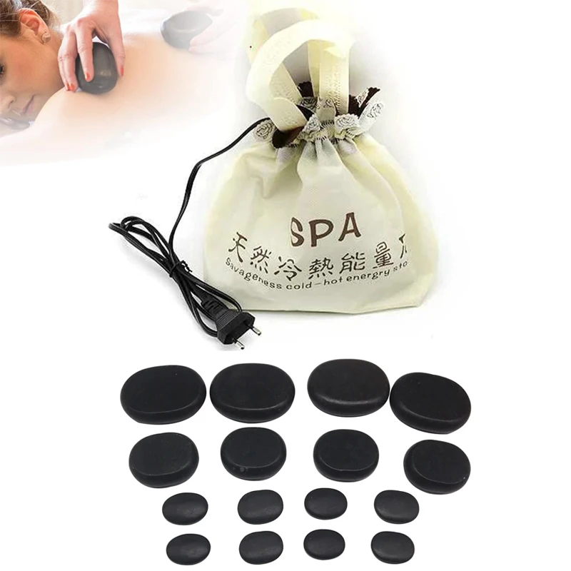 16PCS Hot Stone Therapy Massage Stone Electric Stone Massage Set with Heating Bag Basalt Hot Stone for Hydrotherapy Warm Therapy