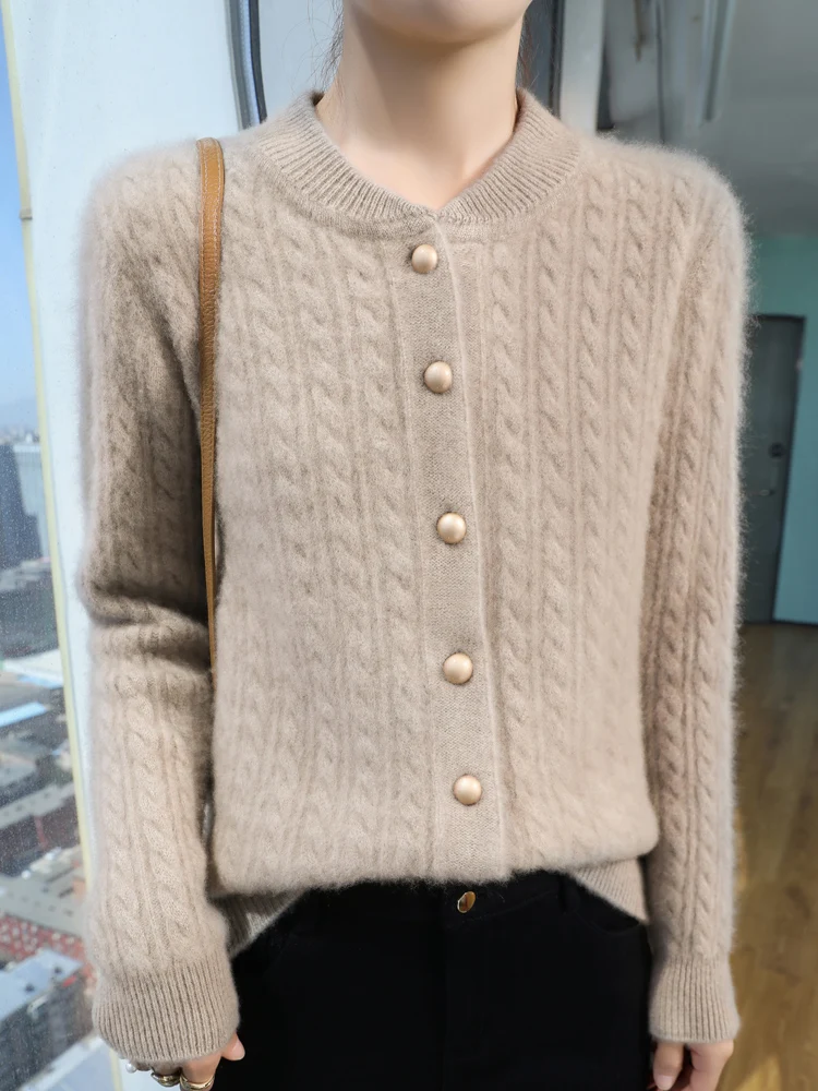 

Women Cashmere Sweater Stand-Up Collar Cardigan Autumn Winter 100% Merino Wool Knitwear Thick Soft Twist Flower Knitting New Top