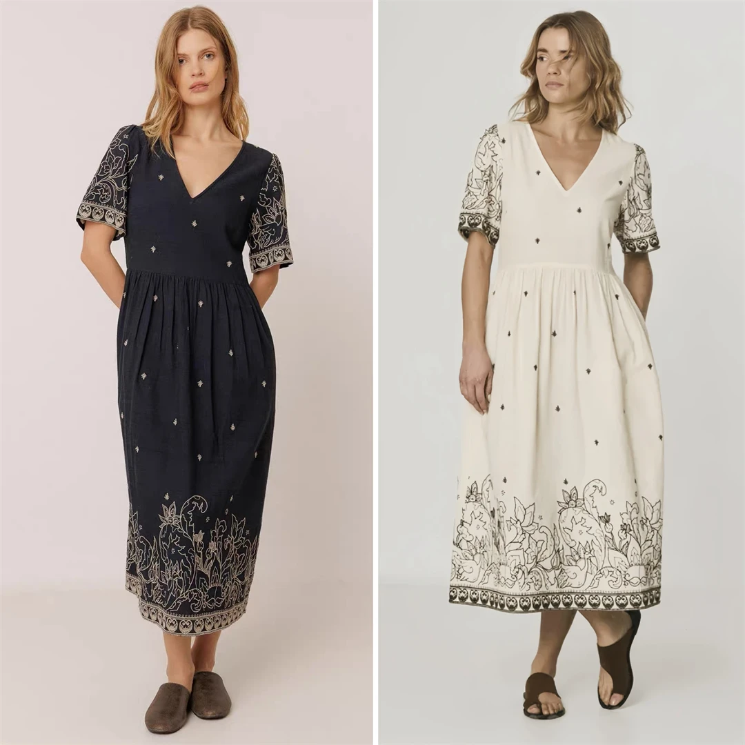 Vestido largo Inco bordado con cintura ajustada, estilo étnico de primavera, mezcla de algodón y lino, falda acampanada, tran...