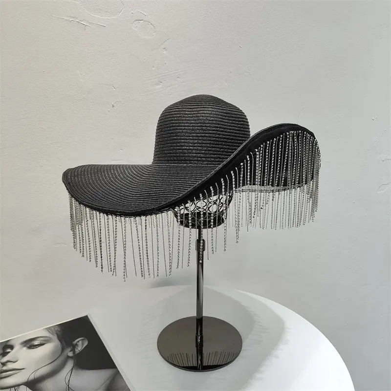 Rhinestone Tassel Oversized Brim Straw Hat Women Luxury Round Top Sun Hat Fashion Week Photoshoot Face Cover & Dressy Headwear