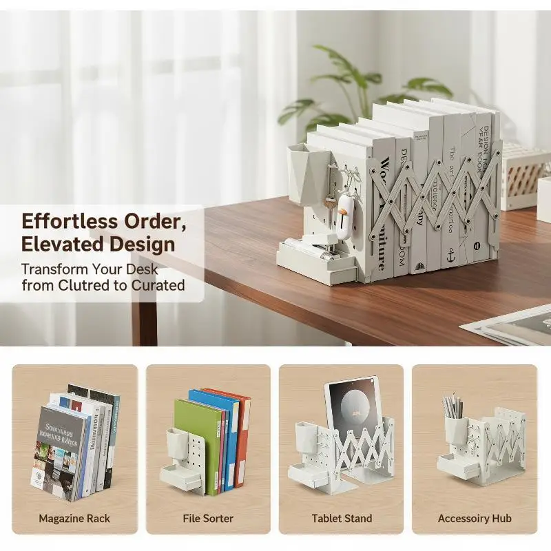 @*Adjustable Expandable Book Rack Organizer with Pen Holder Hooks 1Pcs Holds 80 Books for Kids Study Desk Use
