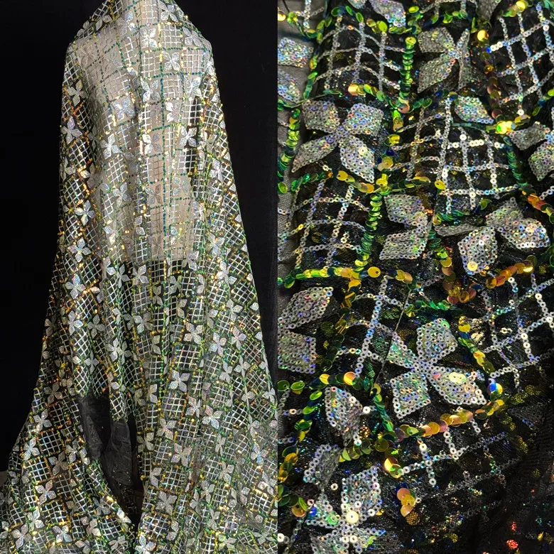 

Luxurious iridescent diamond lattice sequin floral embroidery tulle fabric for dresses wedding gowns designer dressmaking