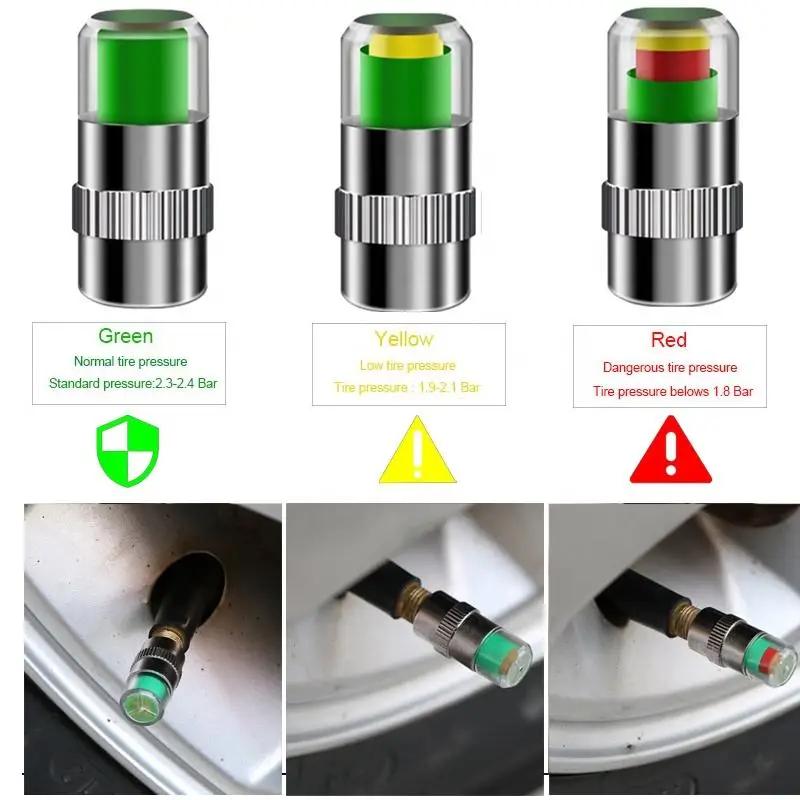 4PCS Car Tire Pressure Caps, Tire Valve Cap with Pressure Indicator Tyre Pressure Monitor Valve Caps Air Alert Auto Accessories