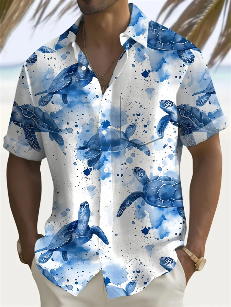 Casual and fashionable outdoor Hawaiian men's top short sleeved shirt plus size versatile high-end printed ocean turtle 2024