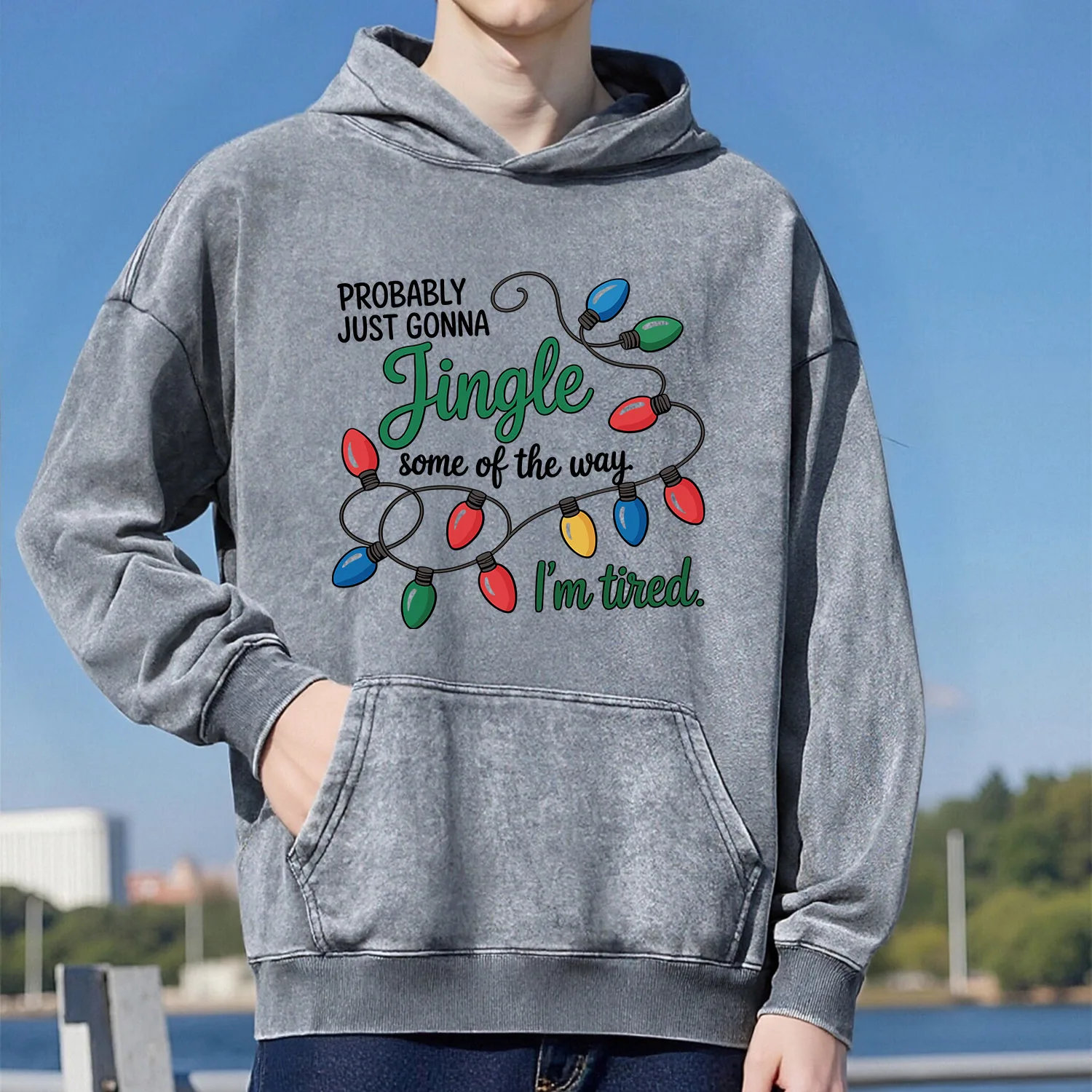 Christmas Decorations Retro Washed Pattern Hooded Sweatshirt Unisex Casual Sporty Style Made Of Pure Cotton Street Style 400G