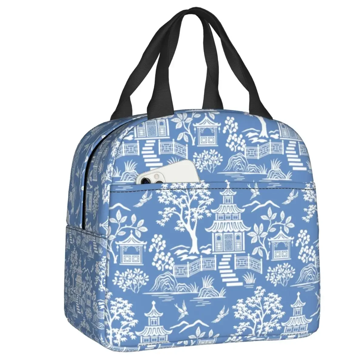 Chinoiserie Pagoda Blue Delft Willow Insulated Lunch Bag for School Office Oriental Style Thermal Cooler Bento Box Women Kids