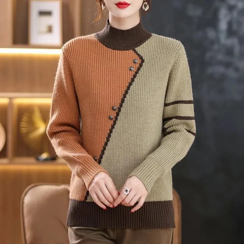 Pull Femme 2024 New Autumn Winter Women's Sweater High Collar Female Knitted Tops Button Splice Warm Casual Pullovers Outwear