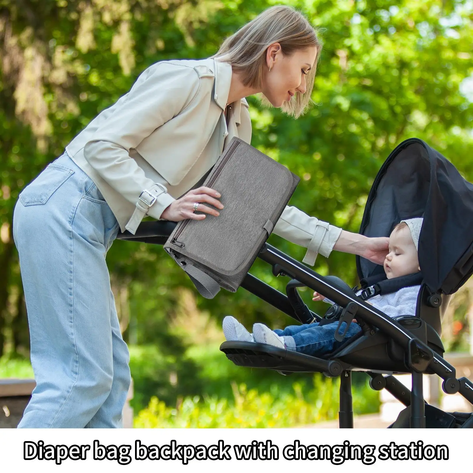 Bolsa de fraldas para mulheres, grande capacidade, com gancho para carrinho de bebê, bolsa de fraldas com almofada para troca, para viagens diárias na praia, viagens curtas