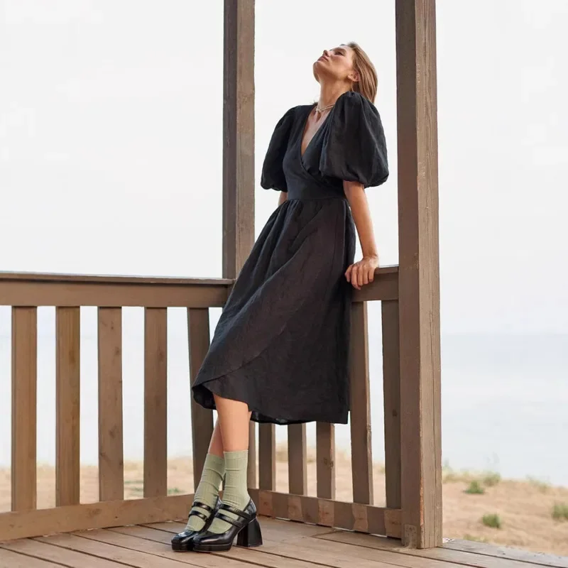 Elegant 100% Cotton Belted Mid-Sleeve Maxi Dress Spring Summer New Puff Sleeve Cocktail Dress Fashion Women's Evening Dress