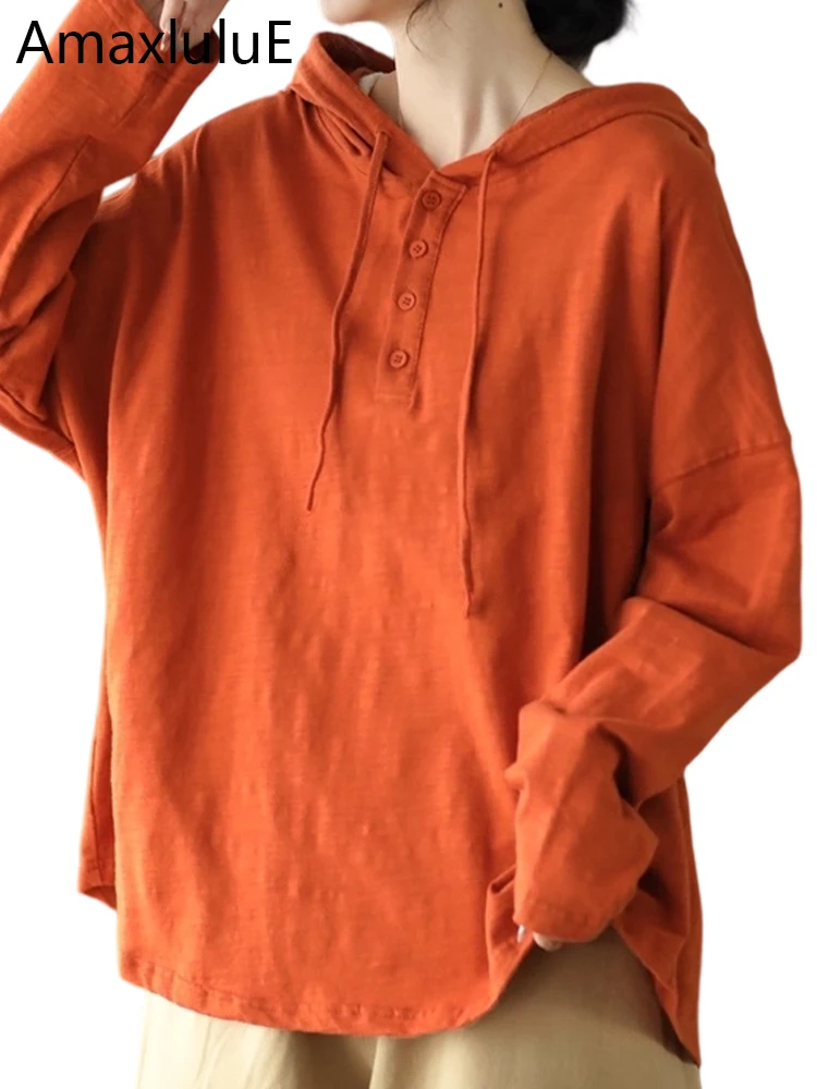 Amax LuluE 2025 Harajuku Tops Womens Fashion Vintage Loose Classic Hooded T-shirts Ladies Luxury Streetwear Soild Cotton Clothes
