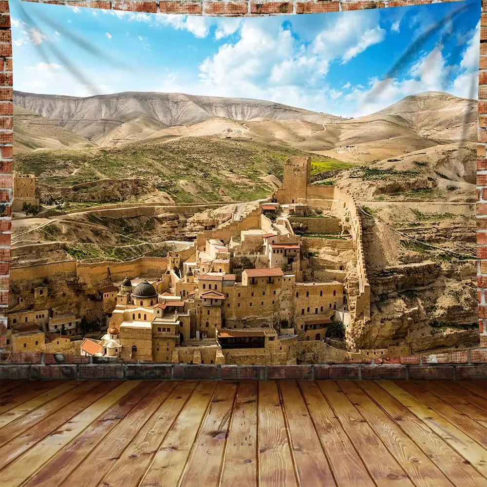 Cityscape Tapestry, Jerusalem City Tapestry,Ancient Buildings Ceramic Tile Pattern for Bedroom Living Room Wall Hanging Tapestry