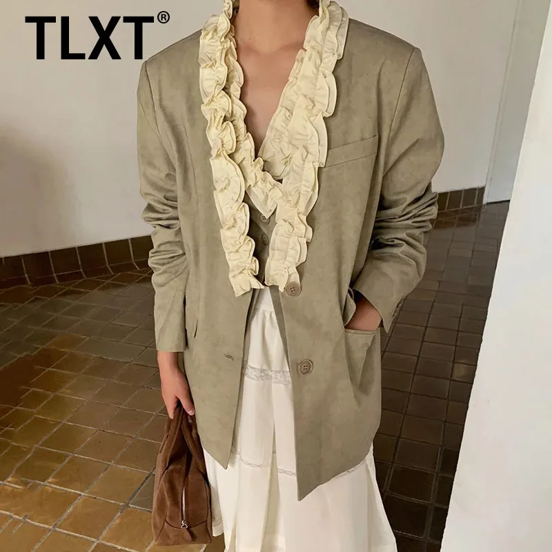 

TLXT модный трехмерный кружевной пиджак из чистого хлопка, женский однобортный свободный пиджак с v-образным вырезом и длинными рукавами, новый XK1448