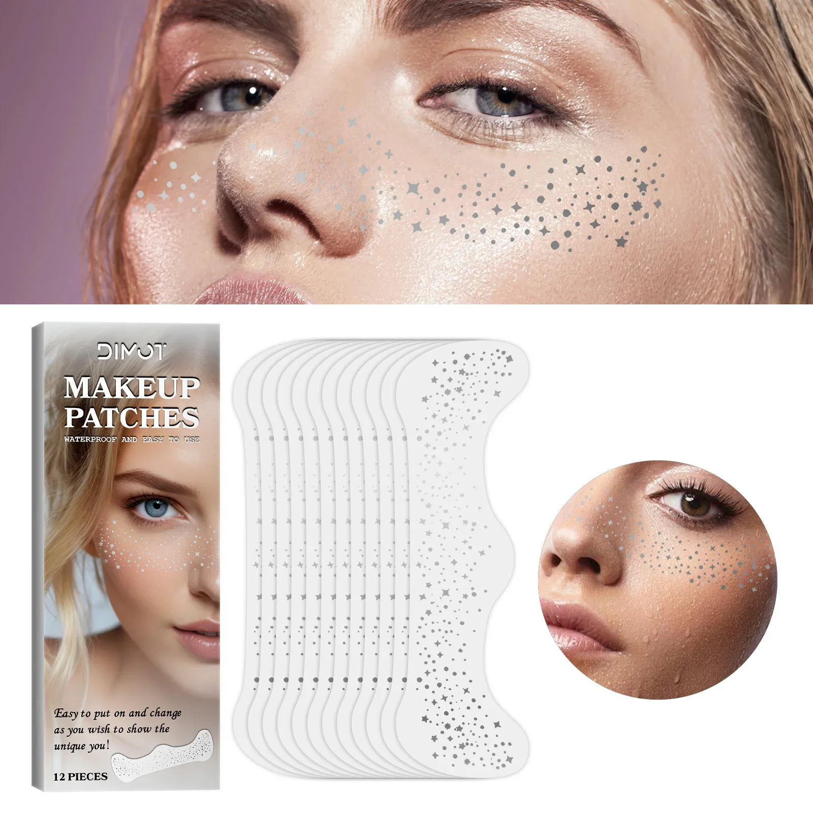 

DIMOT 12x Glitter Freckles Makeup Patches Waterproof Silver Face Gems Festival Body Stickers Easy Apply & Remove, Lasting Shine
