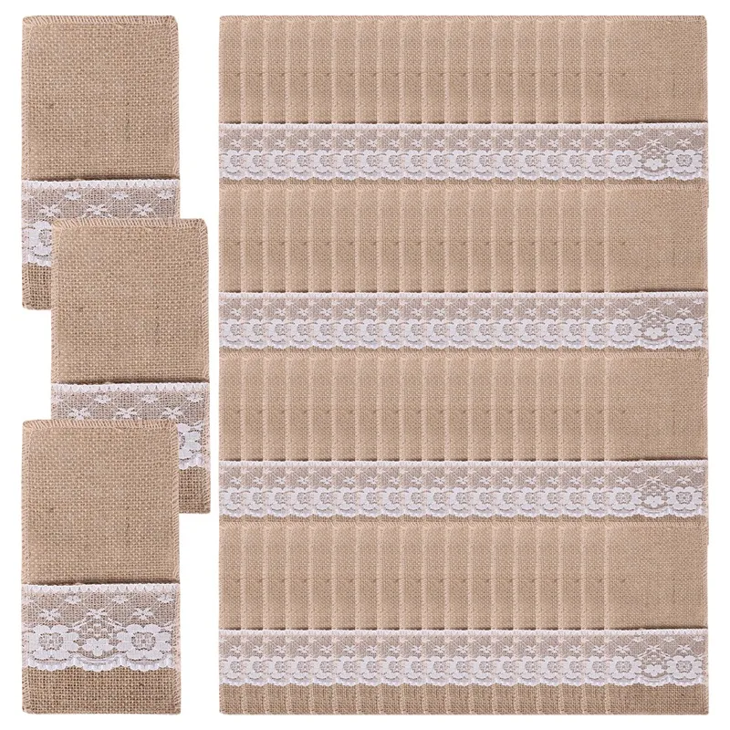 

N15R-75Pcs Burlap Lace Cutlery Pouch Rustic Wedding Tableware Knife Fork Holder Bag Hessian Jute Table Decoration Accessories