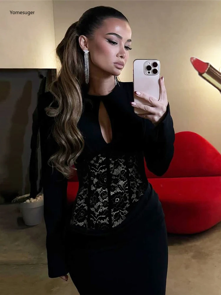 Elegancka sukienka maxi Yomesugar z żakardową koronką, czarna, damska, seksowna, z wycięciem na biuście, marszczona, obcisła, wieczorowa, na studniówkę, imprezę, do klubu.