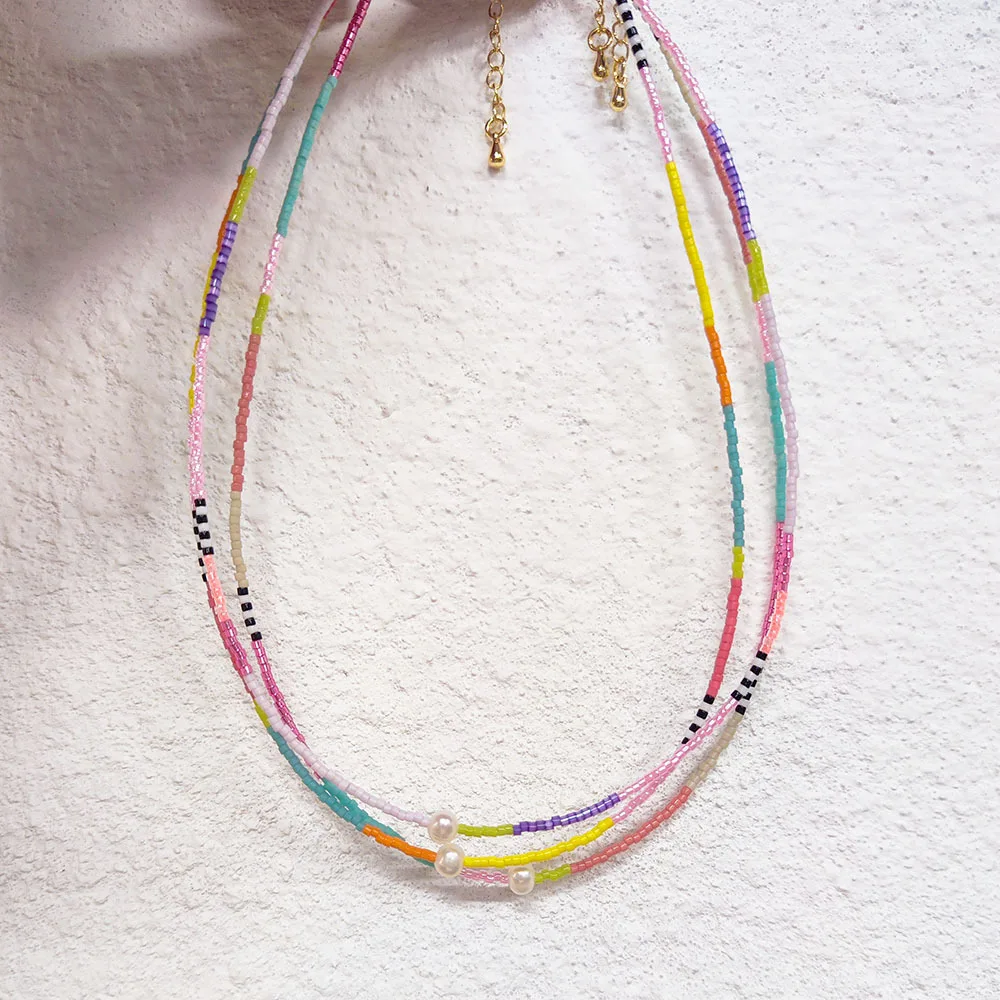 

Rice bead necklace Pearl Pendant Bohemia Rainbow Gradient color Hand weaving Adjustable Female Fashion Beaded necklace