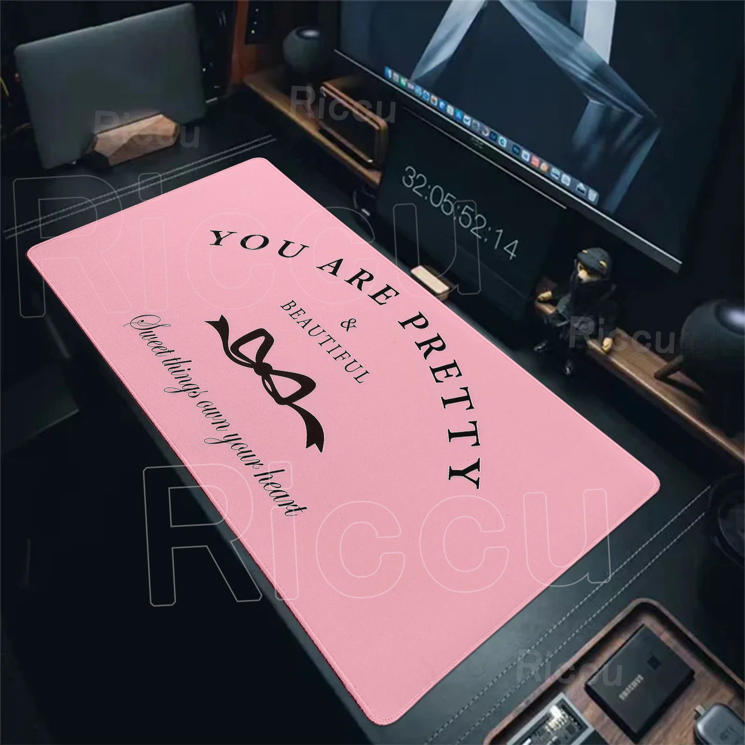 Rosa Schleife Cartoon Mauspad PC Gamer Niedliche Große Schreibtischunterlage Gaming PC Schrank Mauspad XXL Kawaii Büro Tastaturunterlage für Mädchen Geschenk
