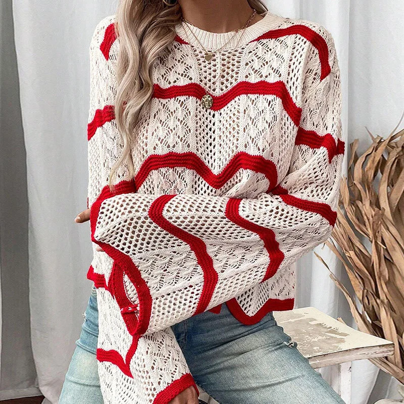Ladies Chevron Striped Hollow Out Knit Top Bell Sleeve Crew Neck Sheer Crochet Sweater for Fall & Summer view 4