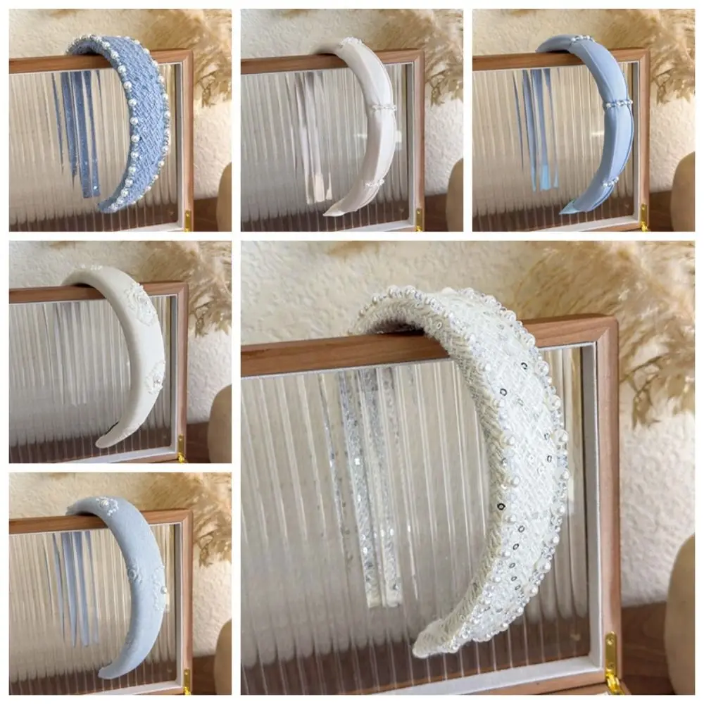 Süße Perlen Stoff Haarreifen Französischer Stil Breite seitliche Perlen Kristall Stirnband Kopfschmuck Rosendruck Beige Blau Haarband Outdoor