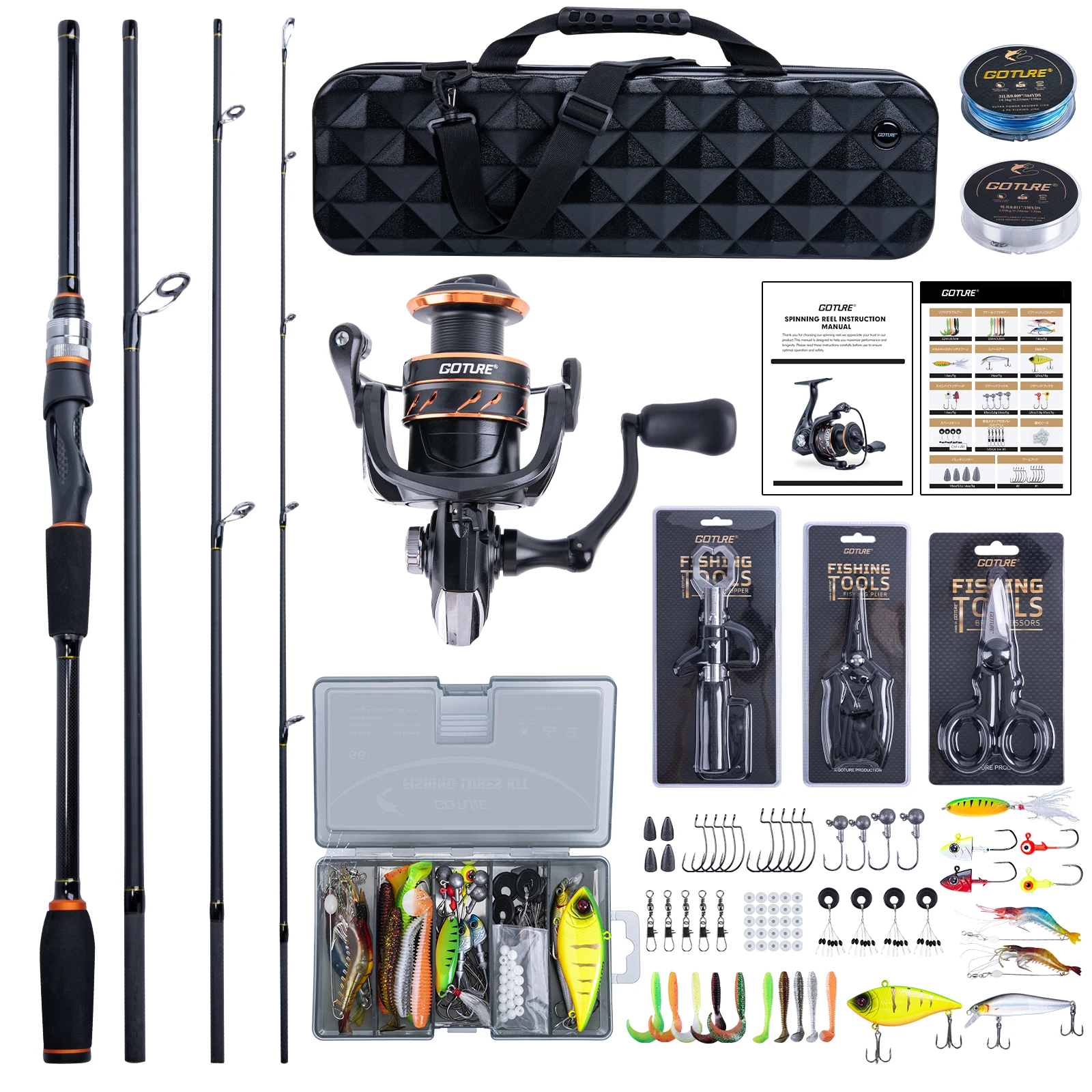 

Набор рыболовных снастей GOTURE: 4-секционное удилище, спиннинговая катушка, 66 приманок, водонепроницаемый жесткий кейс для пресной и соленой воды