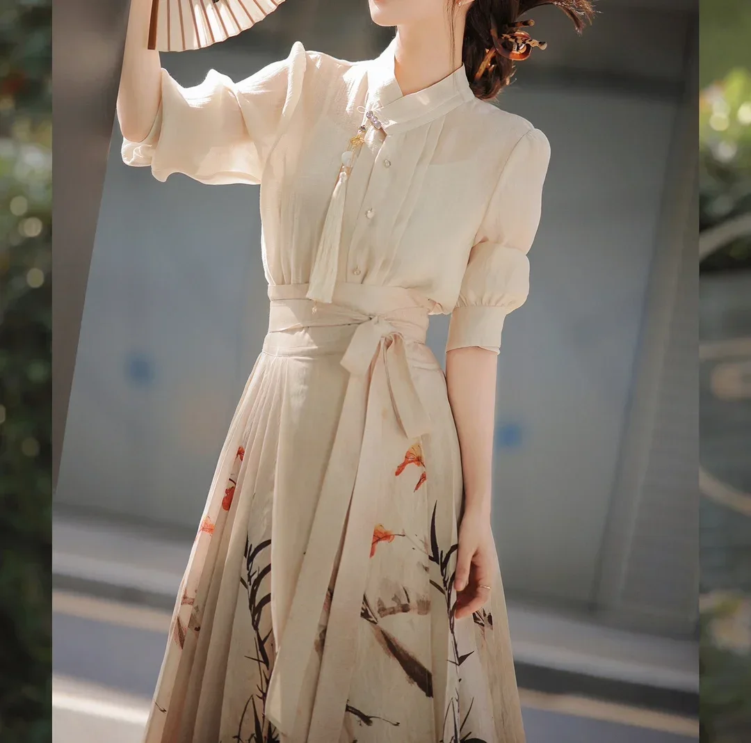 

Traditional Chinese Style Hanfu Pattern Mamian Set For Woman Autumn Fashion Shirt Retro Horse Face Dress Tradit Oriental Wear