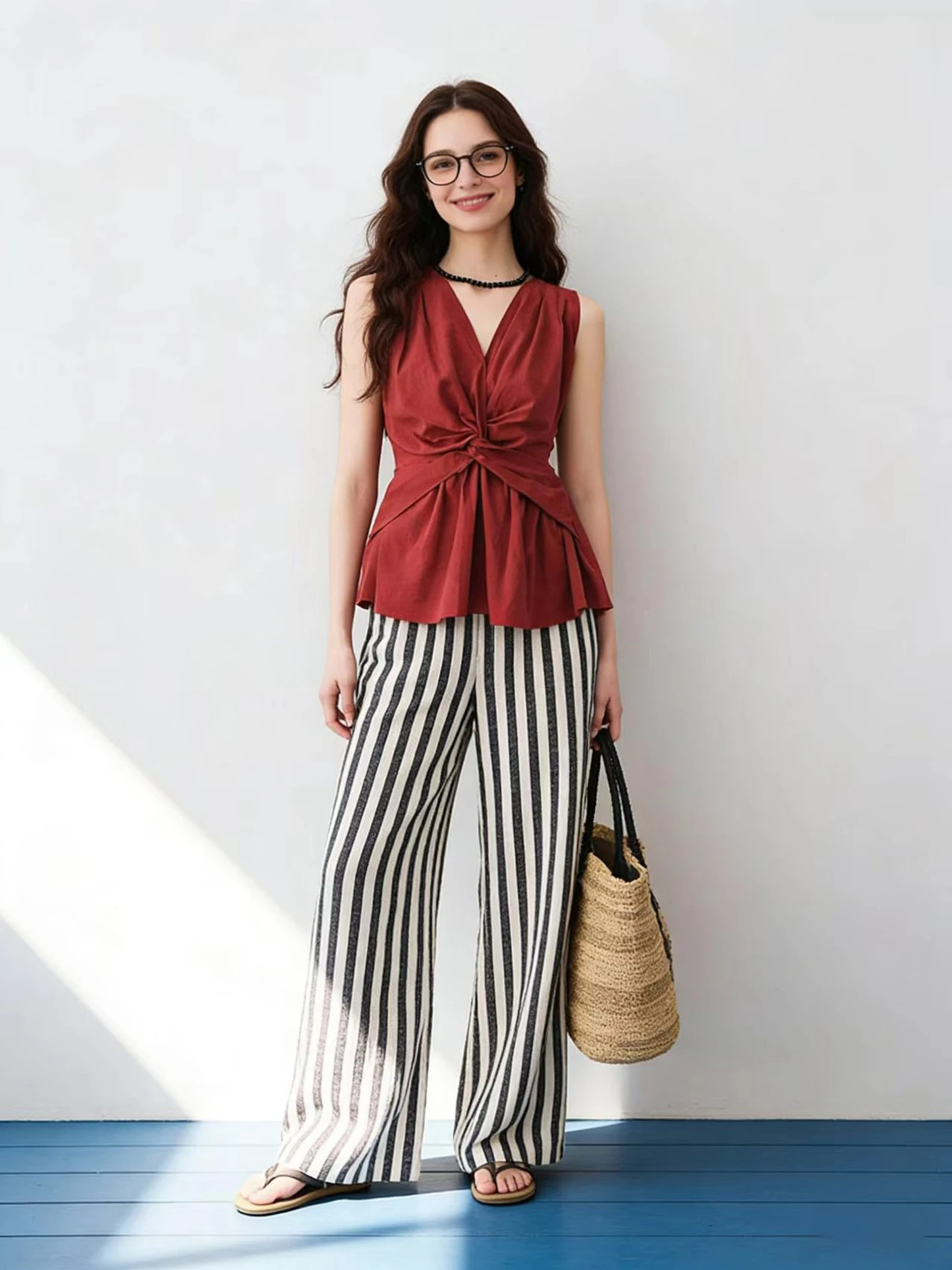 

HUAAPPUW Красная футболка с V-образным вырезом и узлом, без рукавов, приталенный топ во французском стиле, универсальный крой, лето 2026, из дышащей смесовой ткани хлопок-вискоза