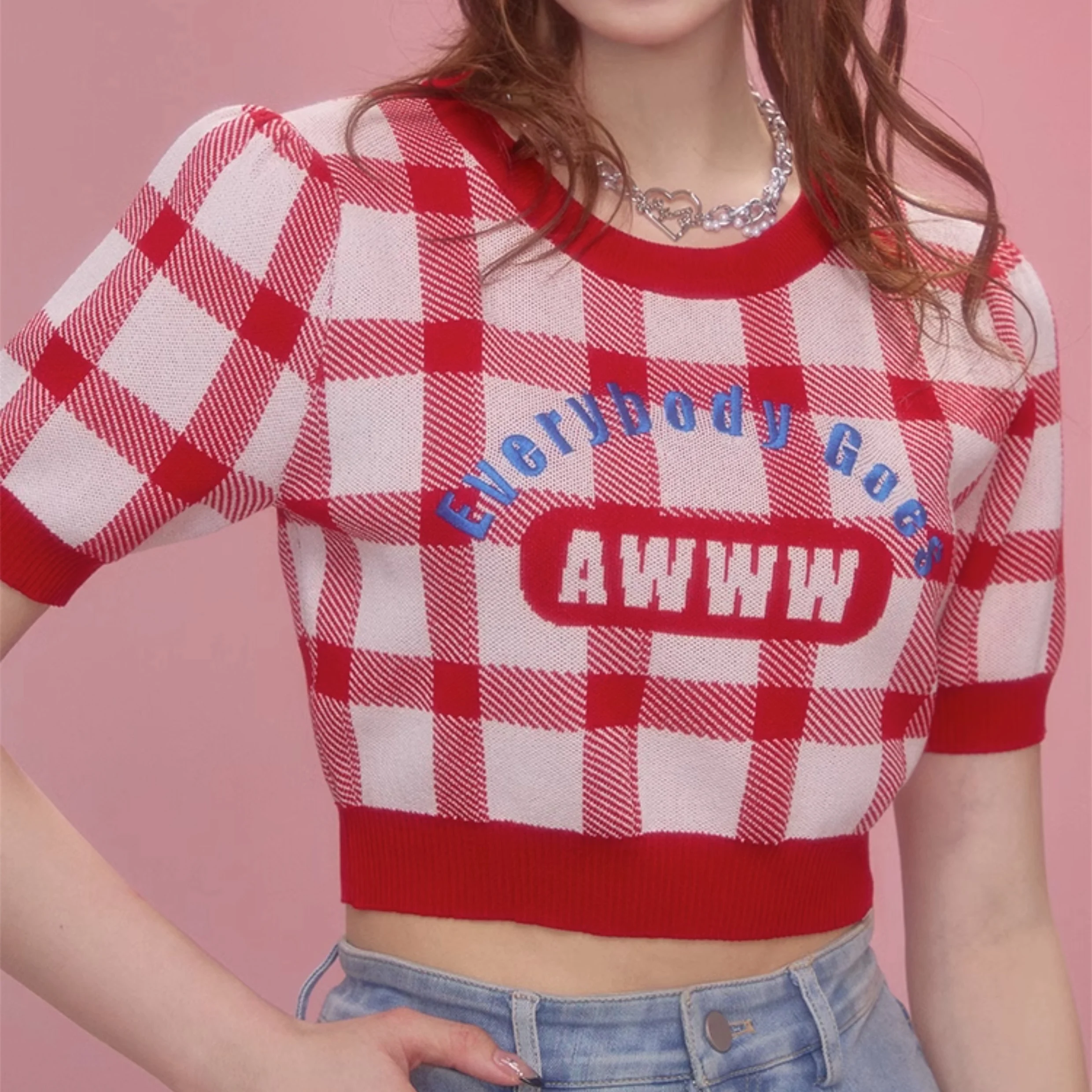 Plaid Embroidery Letter O-Neck Puff Sleeve Ice Silk Women\'s knitwear Short Top Summer 2023 Sweet Cute Fashion Vintage Pullover