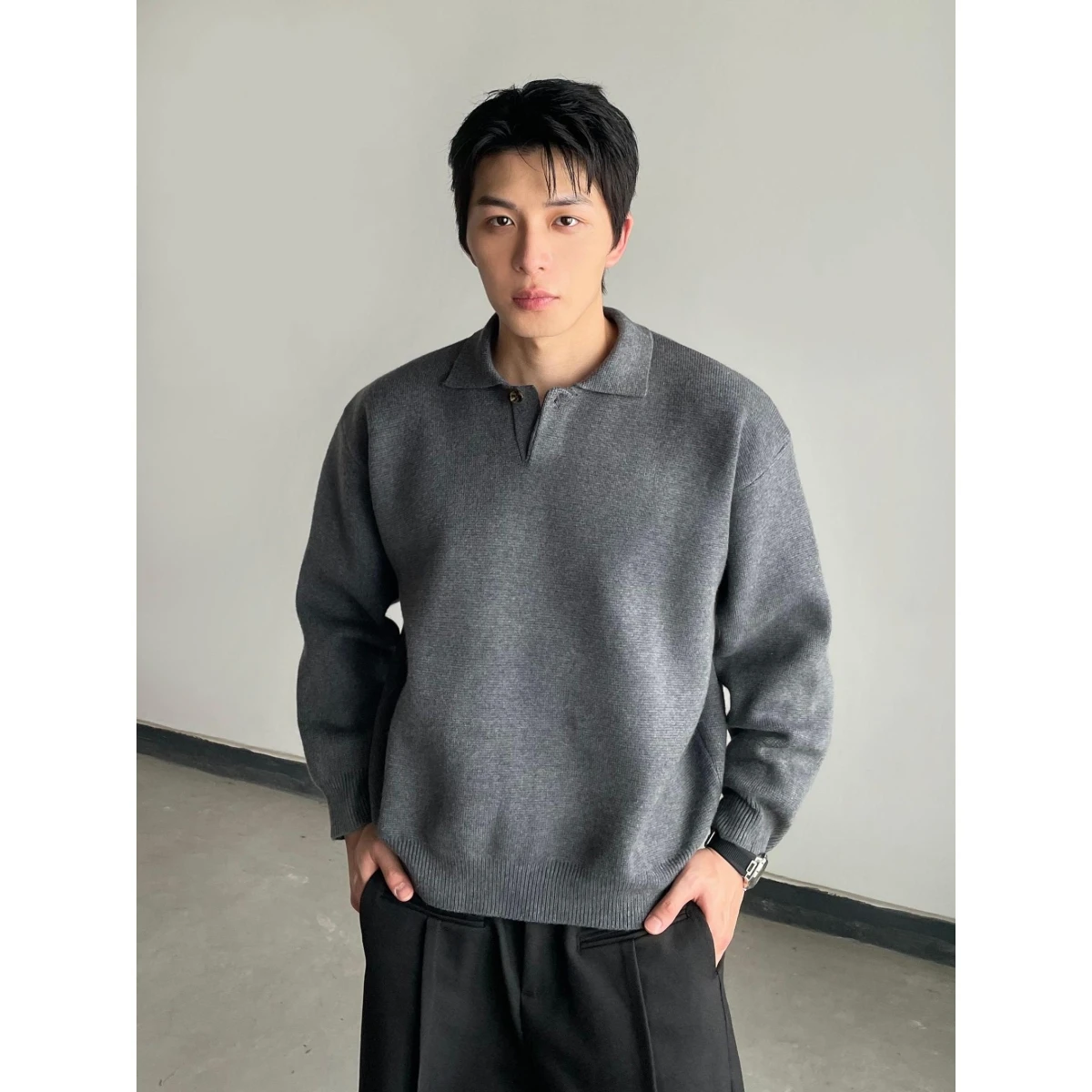 

Универсальный классический вязаный свитер с воротником, длинный цвет све, повседневный мужской топ из мягкого полиэфирного волокна, зимний удобный крой