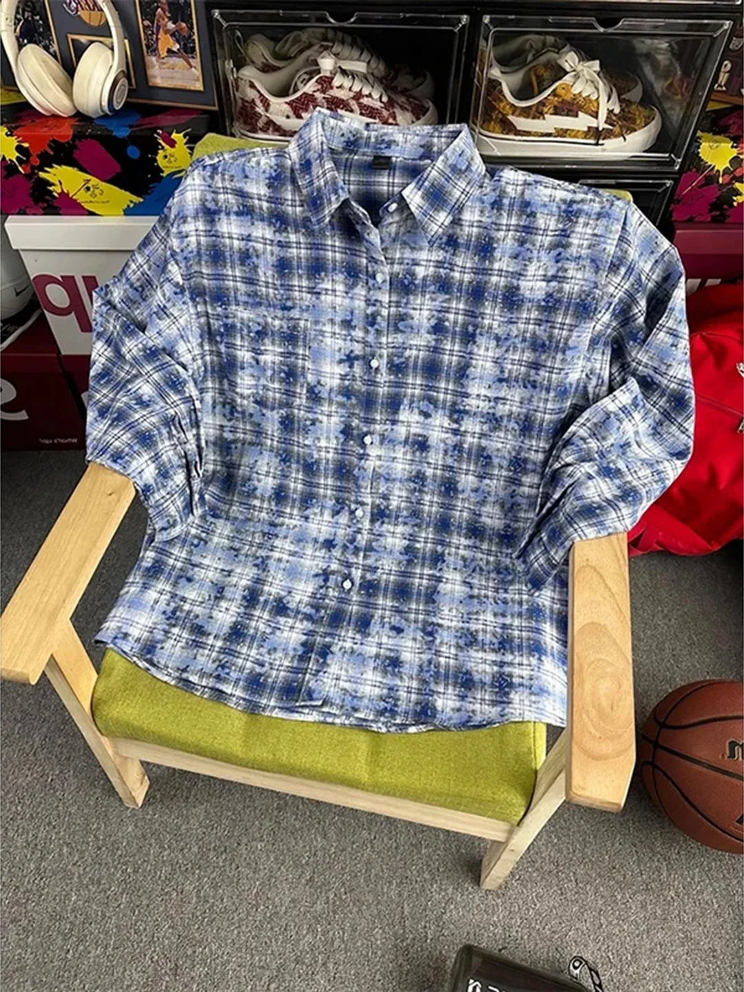 

Ретро-куртка в американском стиле, синяя в клетку, с длинными рукавами, мужская, осенне-зимняя, на флисовой подкладке, повседневная, с эффектом окрашивания, для студентов