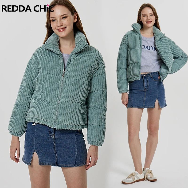 

REDDACHiC Turtleneck Striped Corduroy Puffer Coat Women Cotton-Padded Quilted Cropped Jacket Basic Solid Blue Warm Winter Parkas