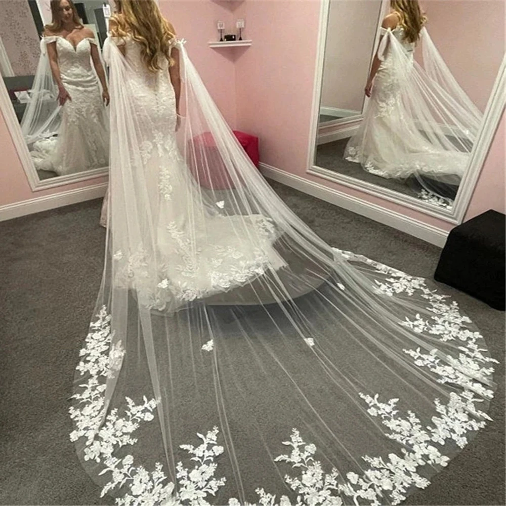 

elegant romantic bride cathedral luxury lace flower print extra long party train cape cloak wedding accessories VPG17