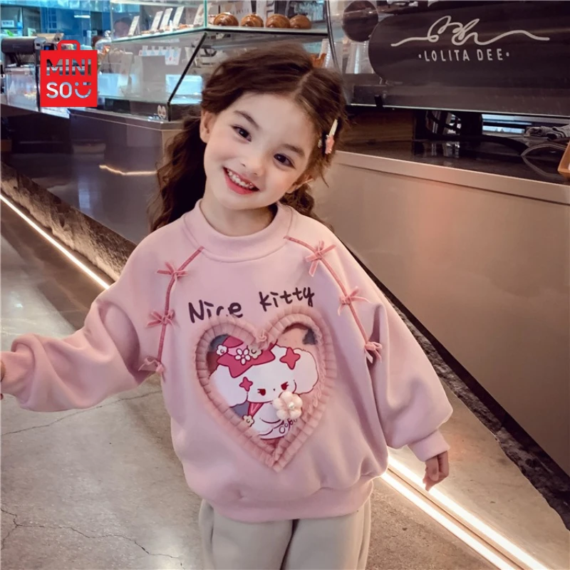 

Miniso 2025 Girls Fleece Hoodie, Korean Style Cartoon Pullover for Kids All-in-One Winter Top