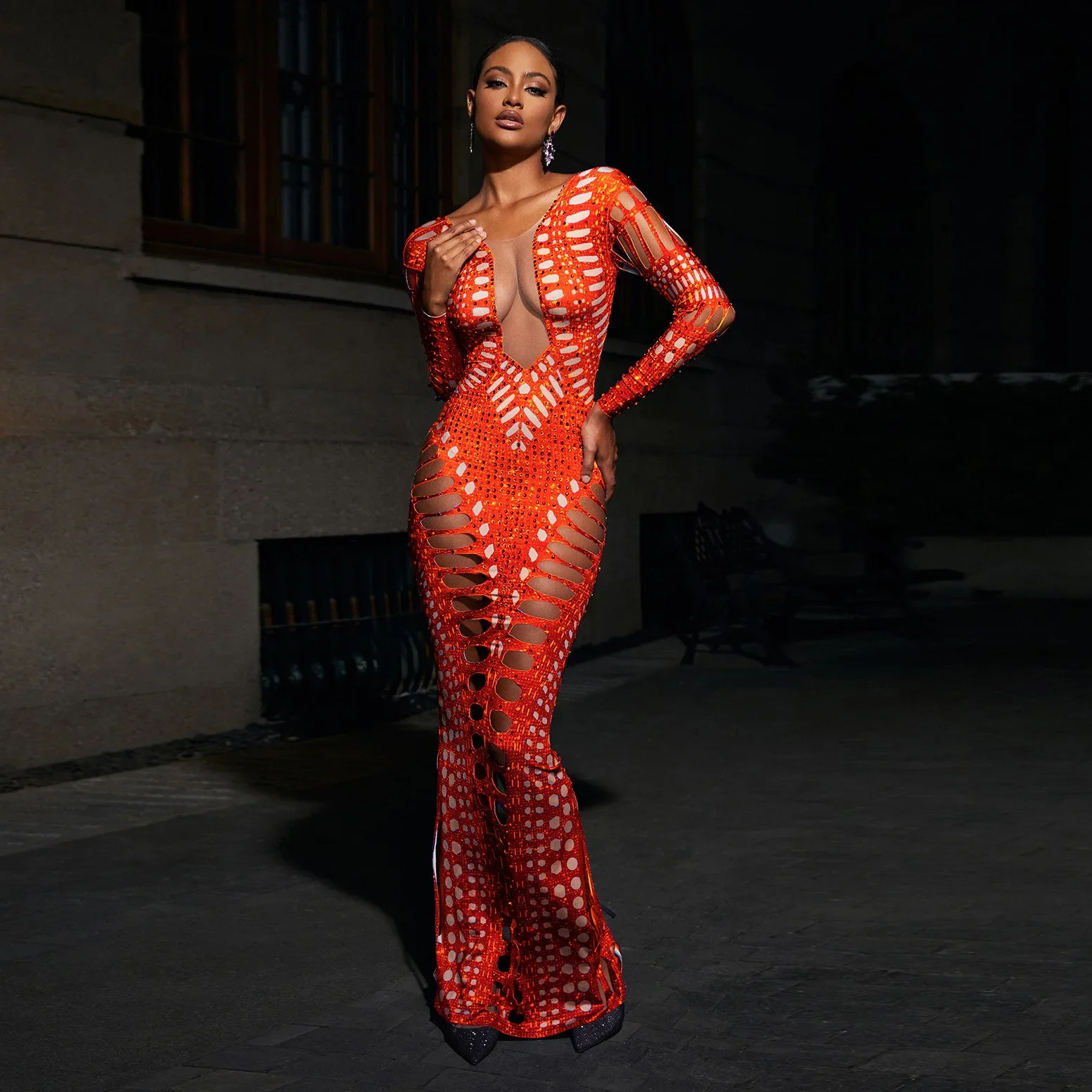 Ripped Tight Hip Sexy Dress Fashion Press Drill Printed Long Dress Hollow  Long Sleeve Slim Dress Lady Streetwear Summer Dress - AliExpress 200000345