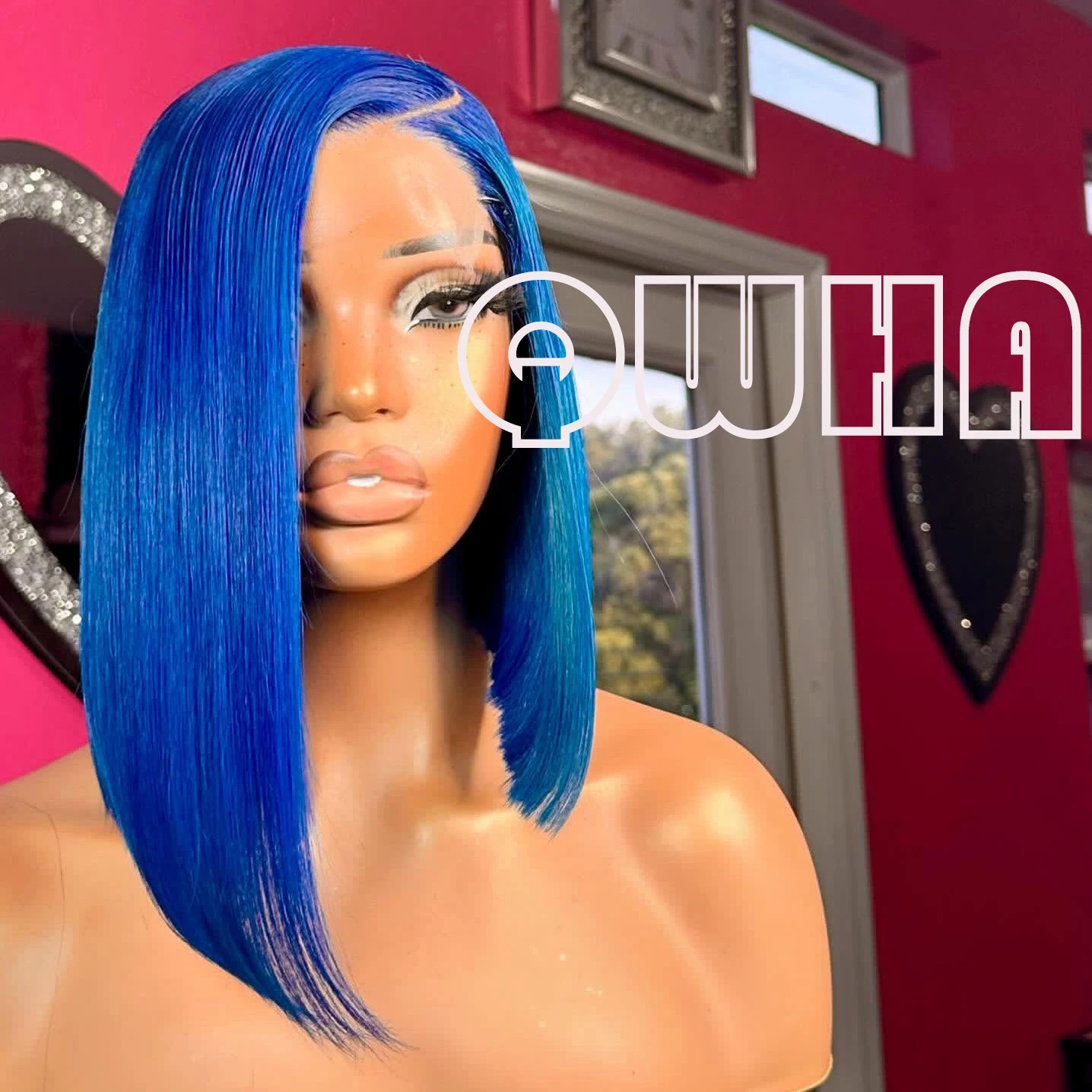 QW Synthetic Hair Blue Short Bob Straight 13X4 Soft  Lace Front Wig For Women Hair Heat Resistant Fiber Cosplay  Daily