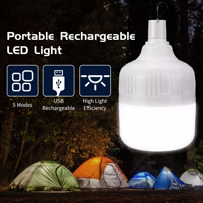 Portable Camping Lantern LED Emergency Tent Lamp USB Rechargeable Light Outdoor Fishing Night Light with Hook Battery Flashlight