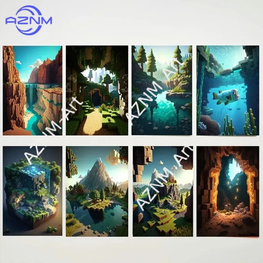 Mine Game Pixel Craft Landscape Canvas Painting Living Room Game Room Modern Wall Art Home Decor