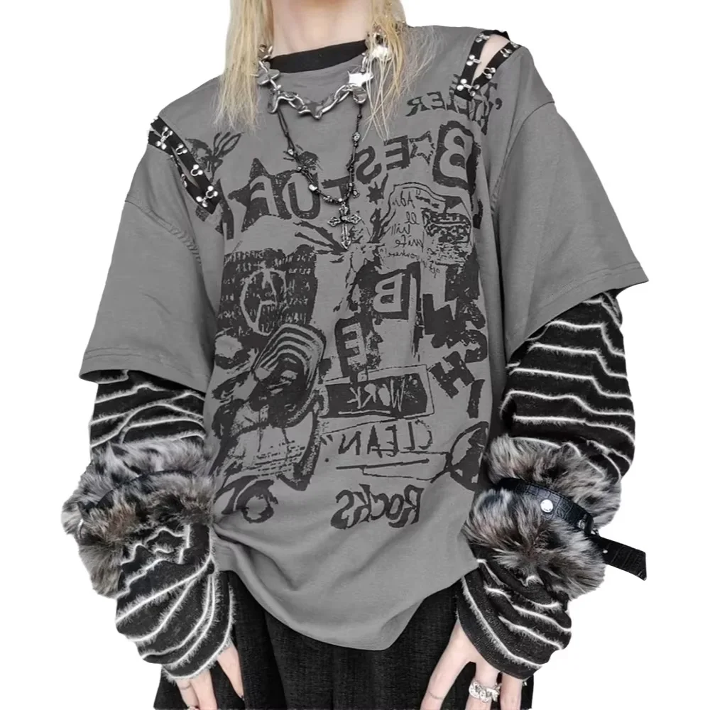 2026 Kill Mateya Culture Dark Hollow Off Shoulder Punk Rock Style Knitted Splicing Fake Two Piece Men's Long Sleeve T-shirt
