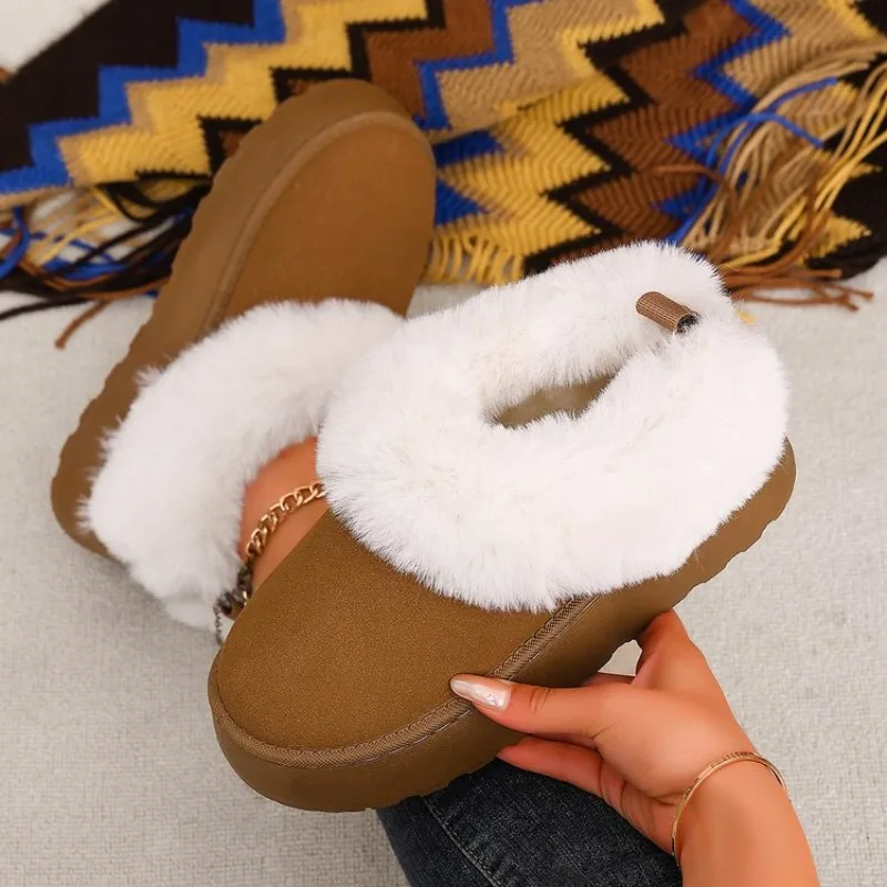 Women's Ankle Boots Platform Flat Heel Slip on Smooth Finish Faux Fur Trim Casual Winter Daily Footwear Warm Comfortable Style